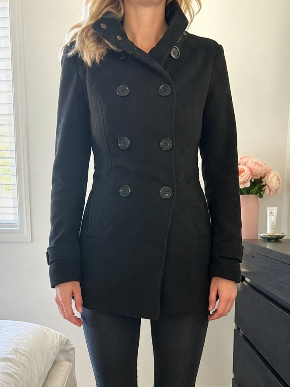 Jennyfer Black Double-Breasted Peacoat Size 2 | Classic Wool-Blend Style | Cozy